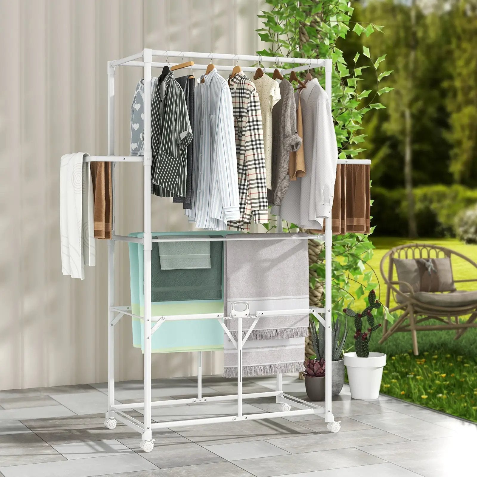 68.5 Inches Foldable Aluminum Laundry Rack with Hanging Rods and Drying Shelves-White by DirectDeals