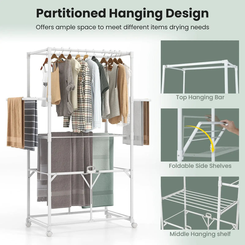 68.5 Inches Foldable Aluminum Laundry Rack with Hanging Rods and Drying Shelves-White by DirectDeals