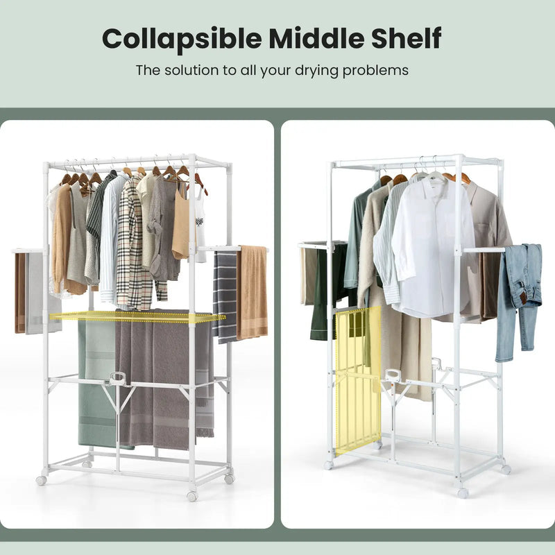 68.5 Inches Foldable Aluminum Laundry Rack with Hanging Rods and Drying Shelves-White by DirectDeals
