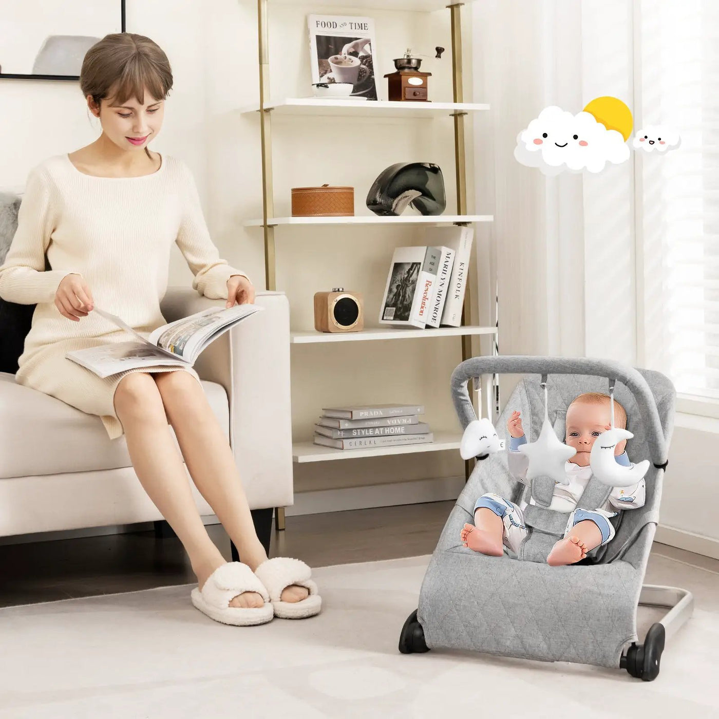Foldable Baby Bouncer with Removable Fabric Cover and Toy Bar by DirectDeals