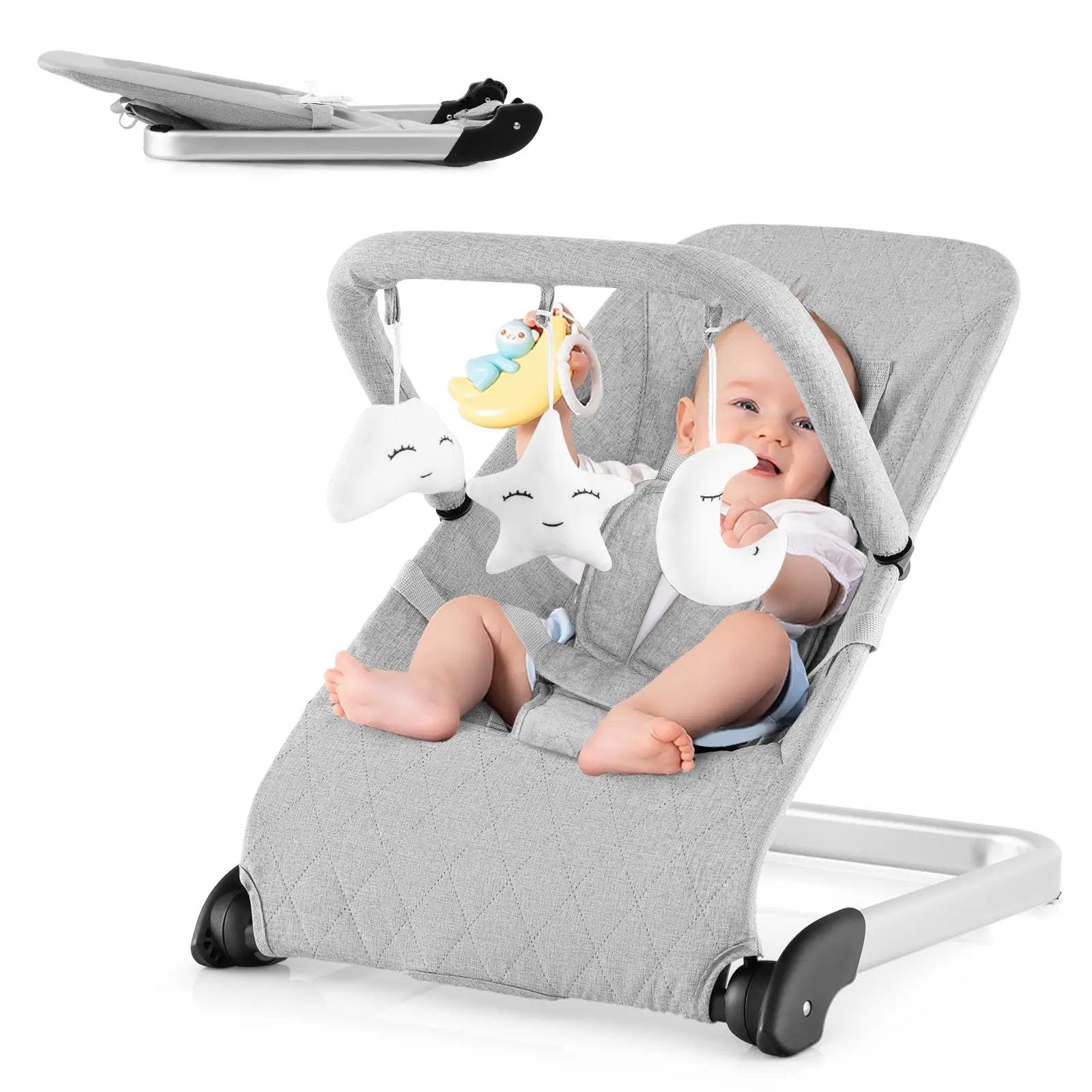 Foldable Baby Bouncer with Removable Fabric Cover and Toy Bar by DirectDeals