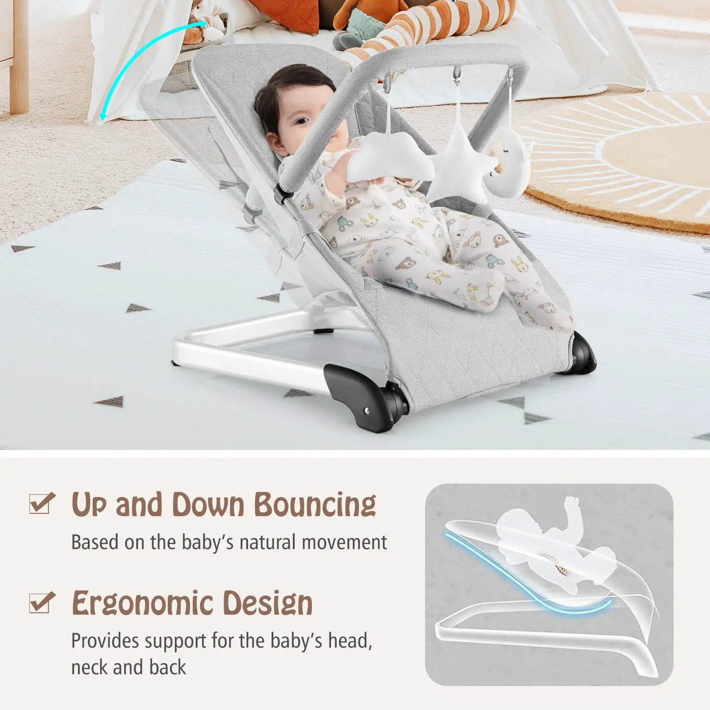 Foldable Baby Bouncer with Removable Fabric Cover and Toy Bar by DirectDeals