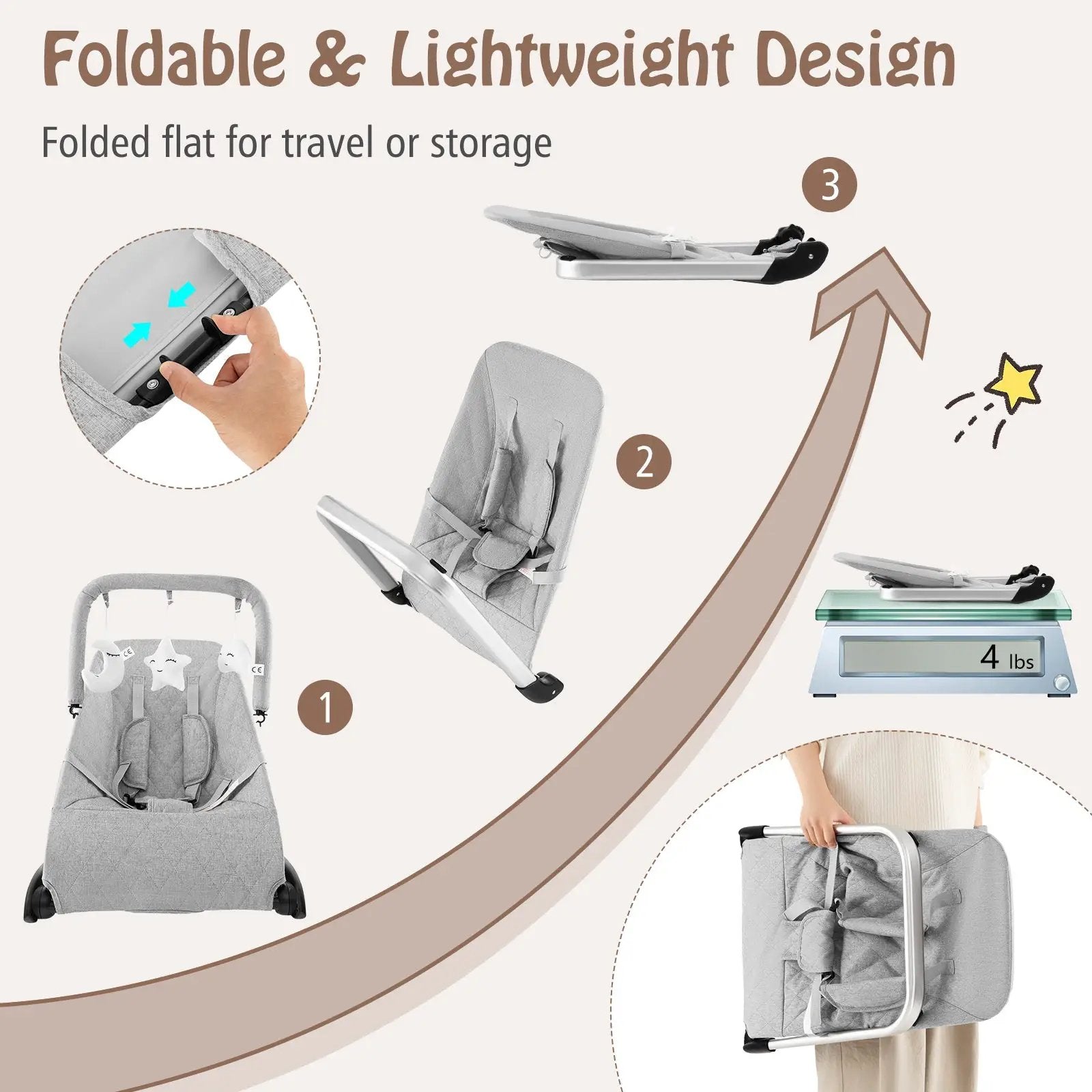 Foldable Baby Bouncer with Removable Fabric Cover and Toy Bar by DirectDeals