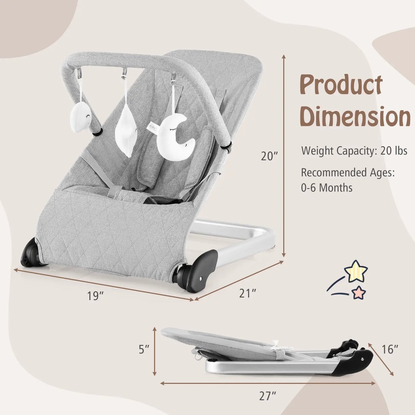 Foldable Baby Bouncer with Removable Fabric Cover and Toy Bar by DirectDeals