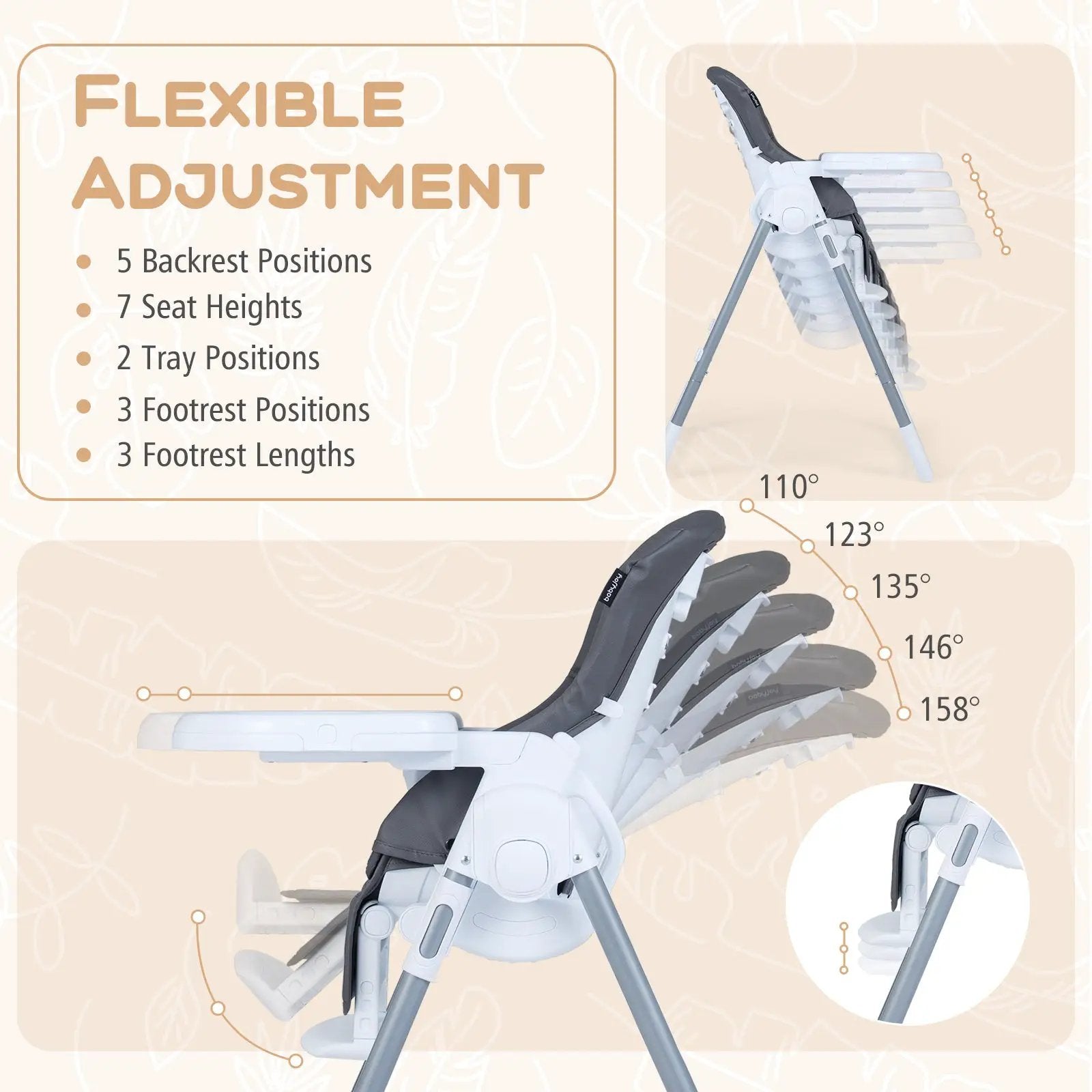 Foldable Baby High Chair with Adjustable Height and Relining Seat by DirectDeals