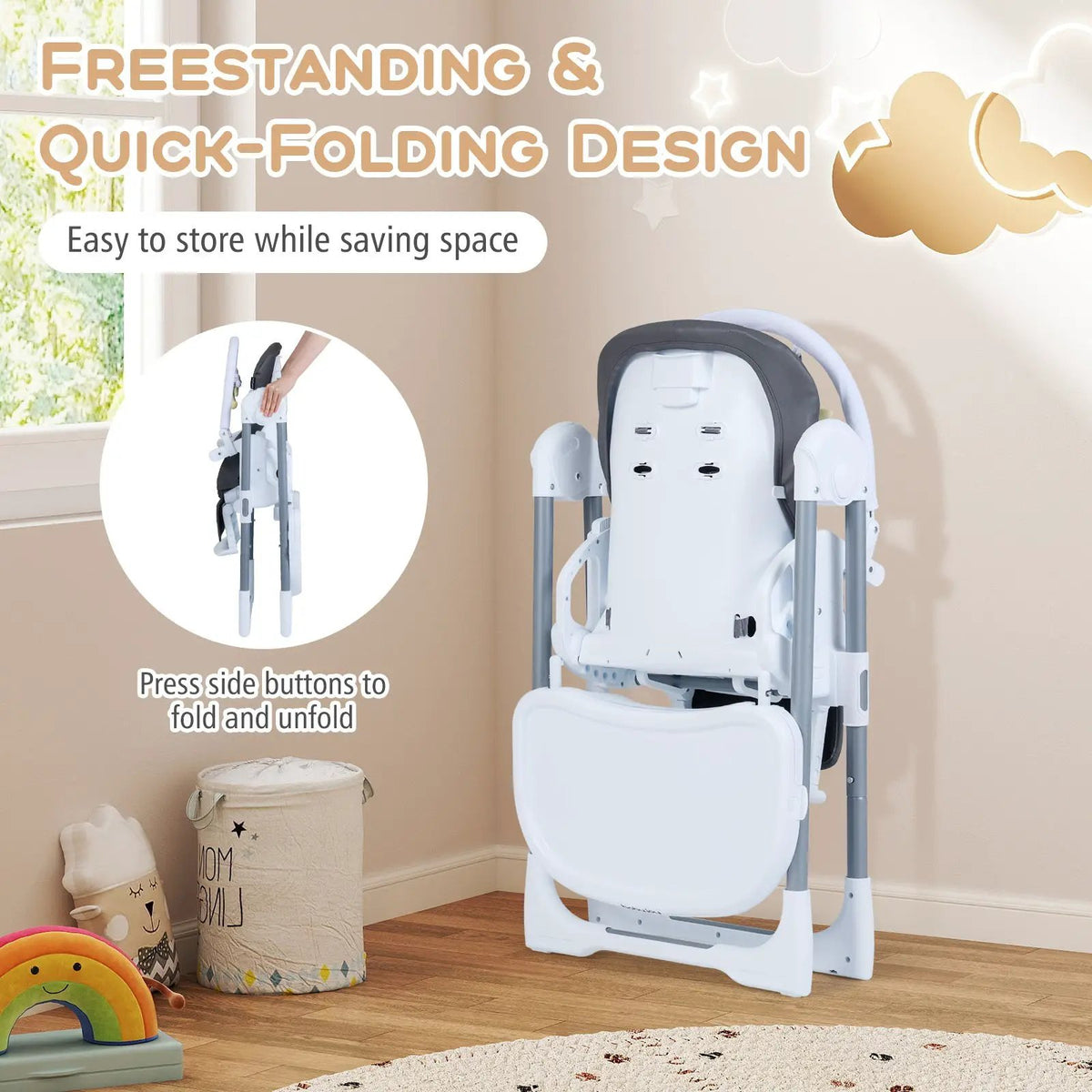 Foldable Baby High Chair with Adjustable Height and Relining Seat by DirectDeals