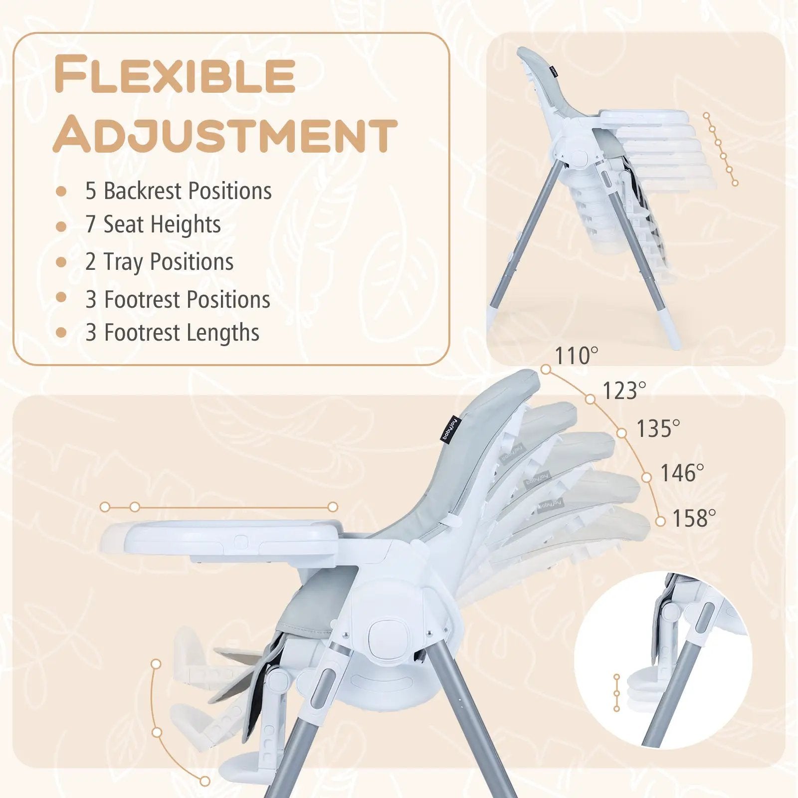 Foldable Baby High Chair with Adjustable Height and Relining Seat by DirectDeals