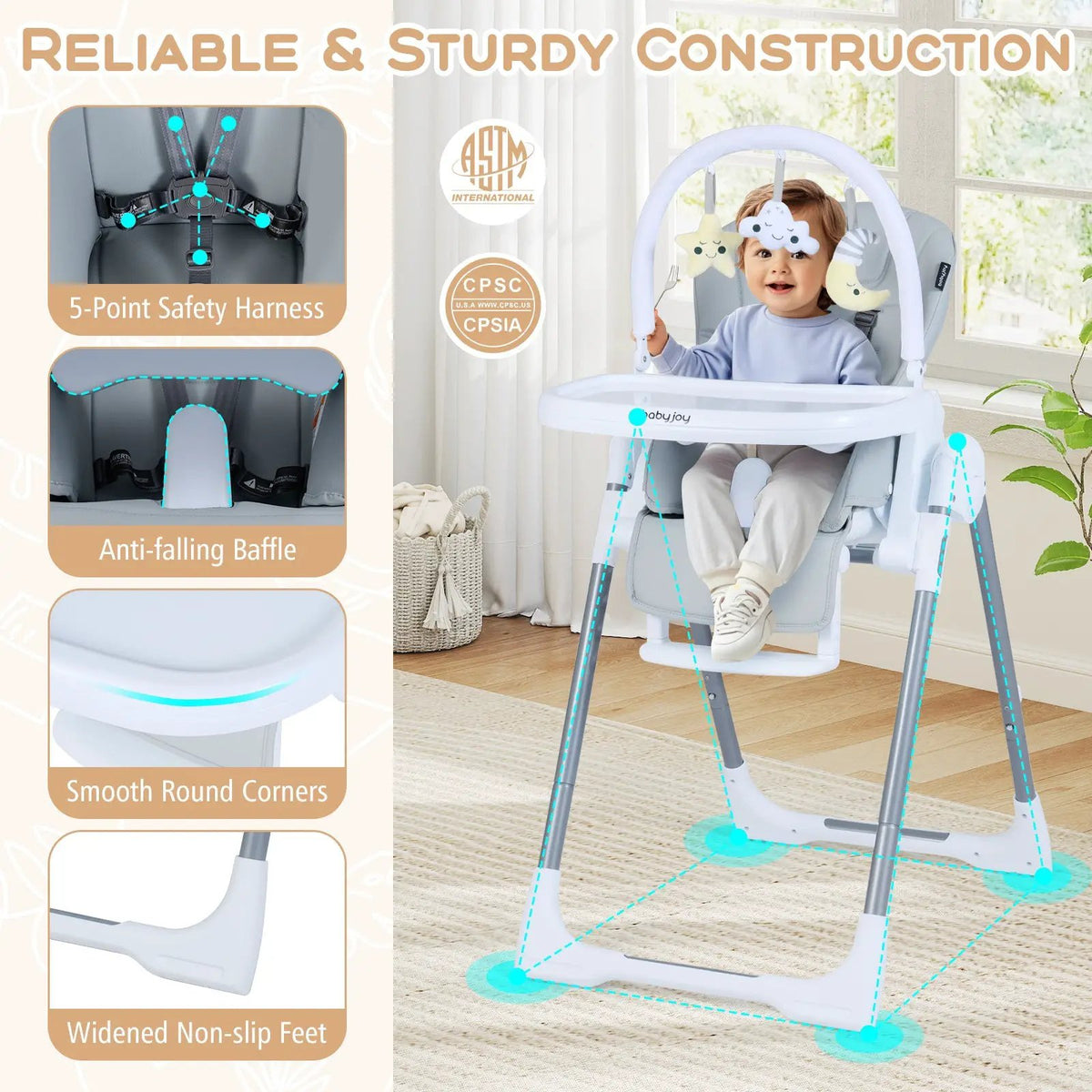 Foldable Baby High Chair with Adjustable Height and Relining Seat by DirectDeals