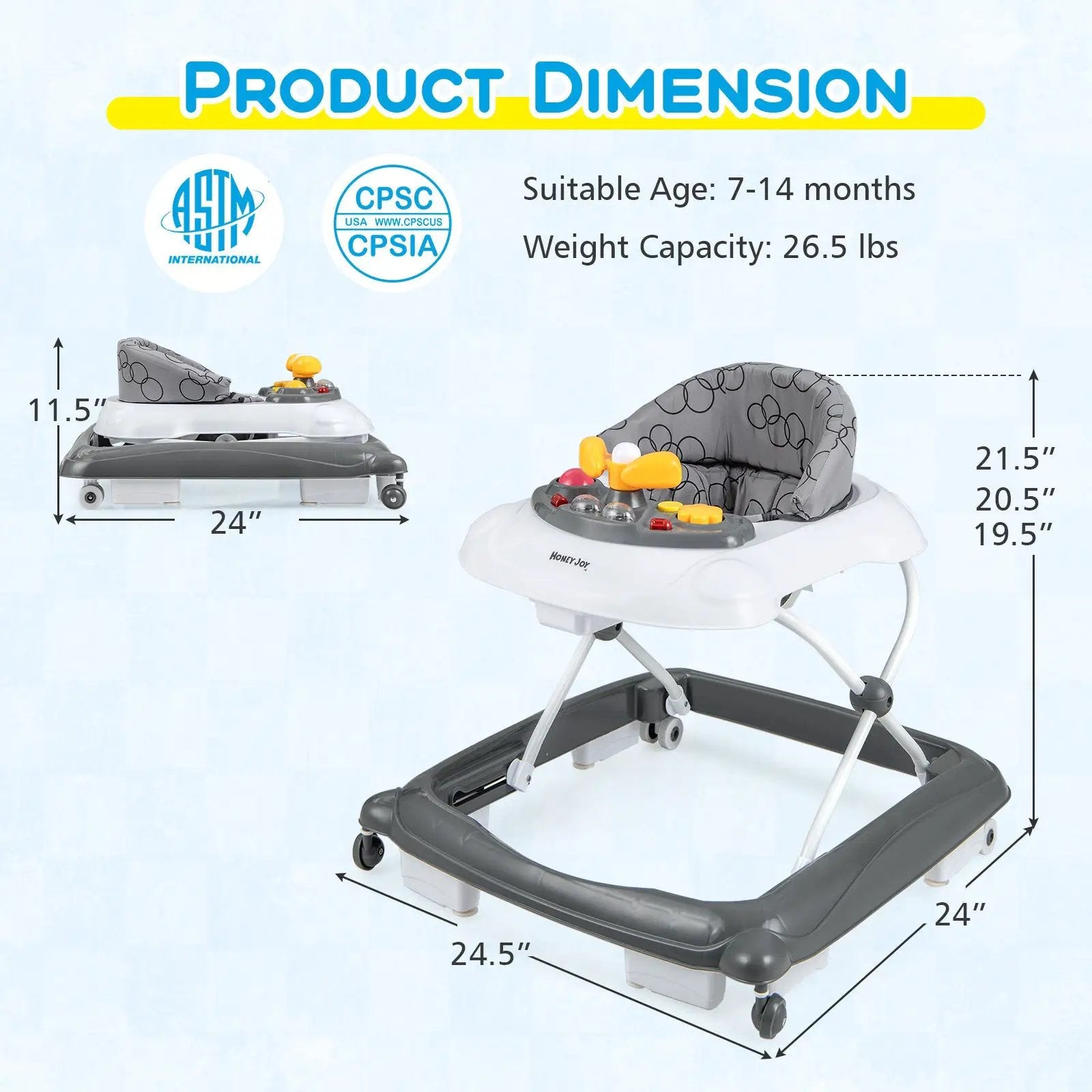 Foldable Baby Walker with 3 Adjustable Heights and Padded Seat by DirectDeals