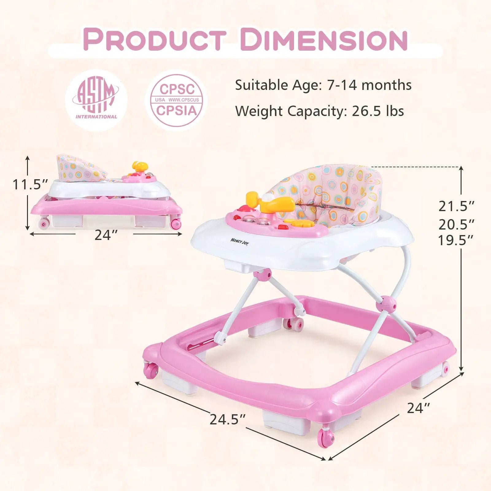 Foldable Baby Walker with 3 Adjustable Heights and Padded Seat by DirectDeals