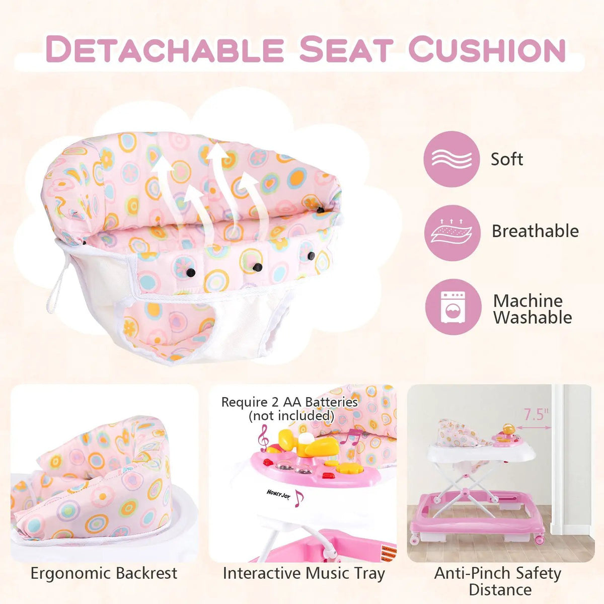 Foldable Baby Walker with 3 Adjustable Heights and Padded Seat by DirectDeals