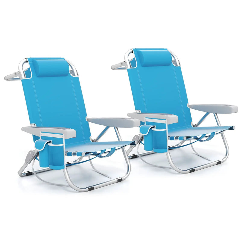 Foldable Backpack Beach Chair with Cup Holder and Storage Pockets Set of 2 by DirectDeals