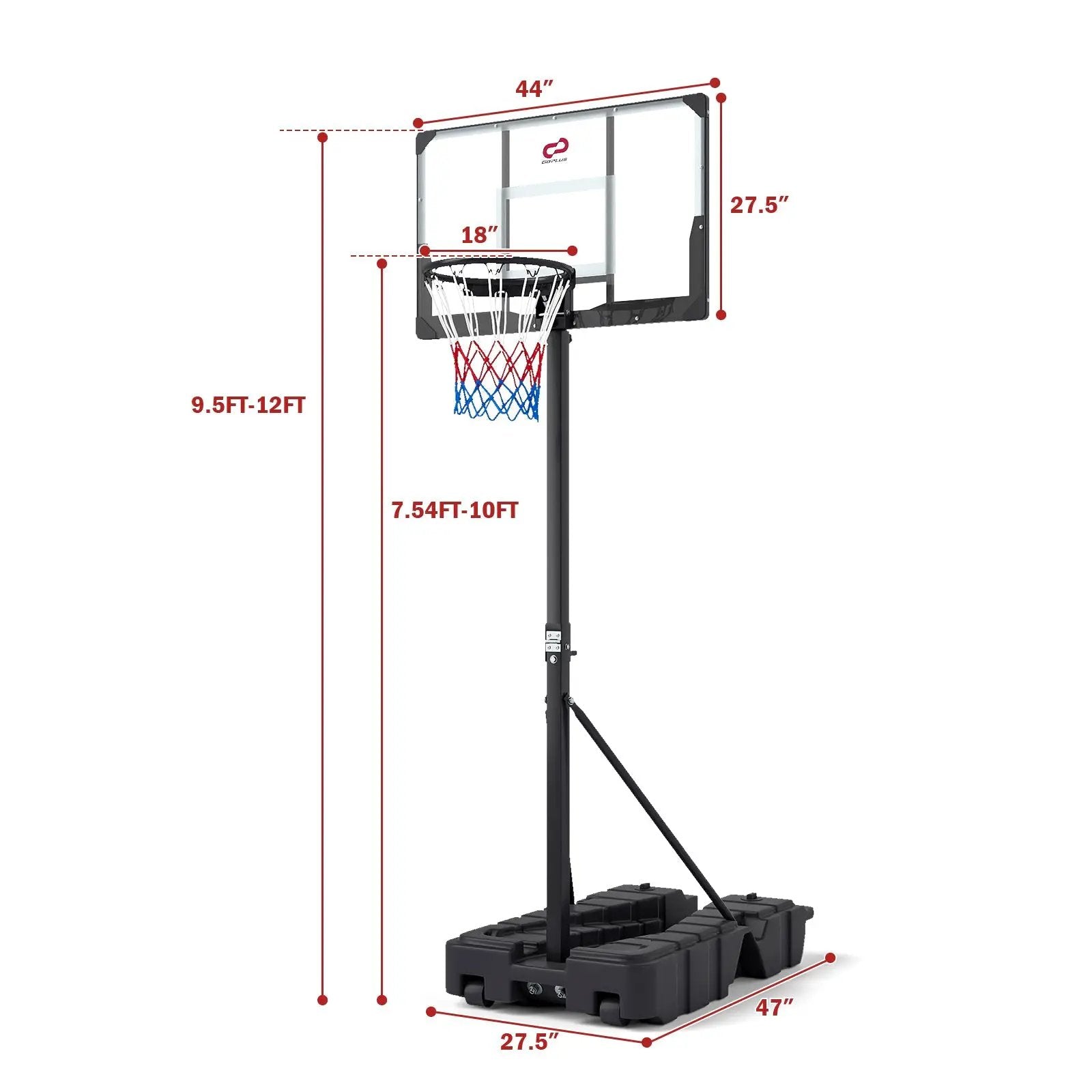 Foldable Basketball Hoop 7.54-10 ft Stepless Adjustable with PC Backboard by DirectDeals