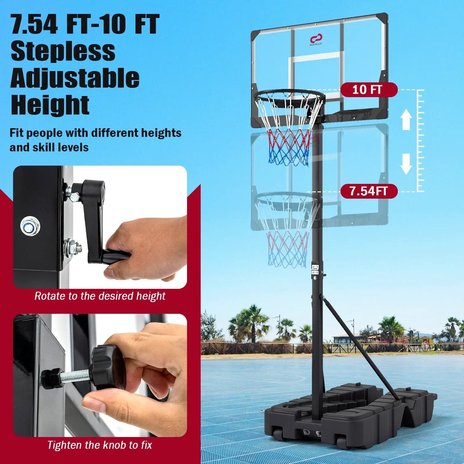 Foldable Basketball Hoop 7.54-10 ft Stepless Adjustable with PC Backboard by DirectDeals