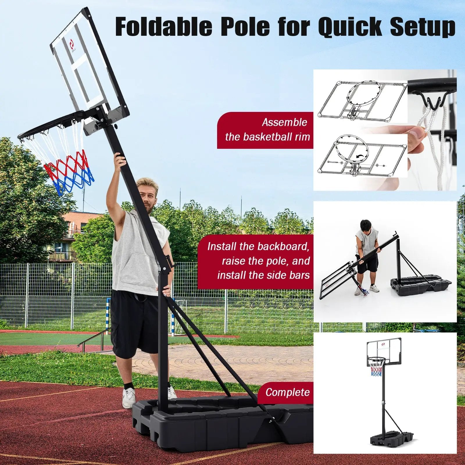 Foldable Basketball Hoop 7.54-10 ft Stepless Adjustable with PC Backboard by DirectDeals