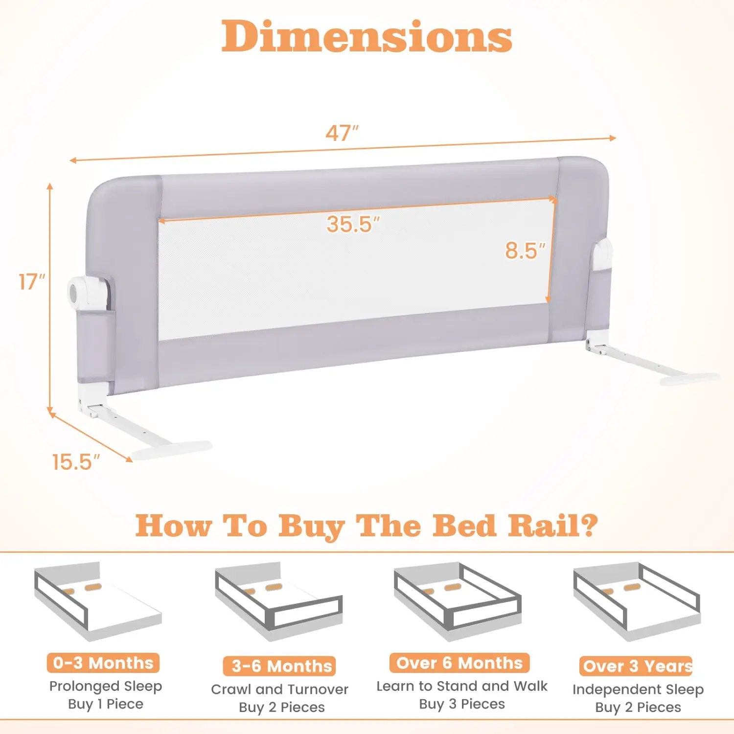 Foldable Bed Rail with Swing Down Design - Light Gray by DirectDeals