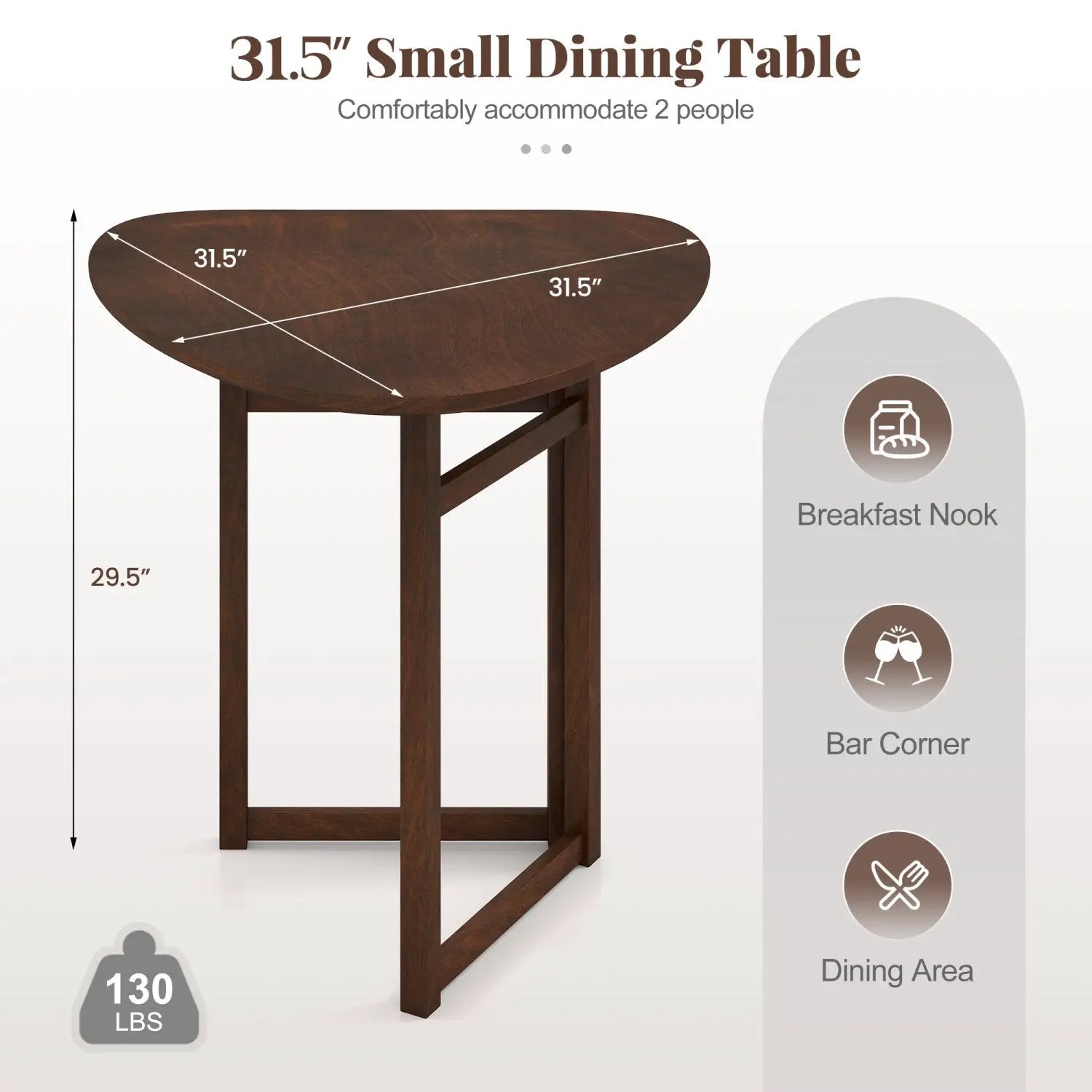 Foldable Dining Table 31.5" Triangular Small Kitchen Table for 2-Walnut by DirectDeals