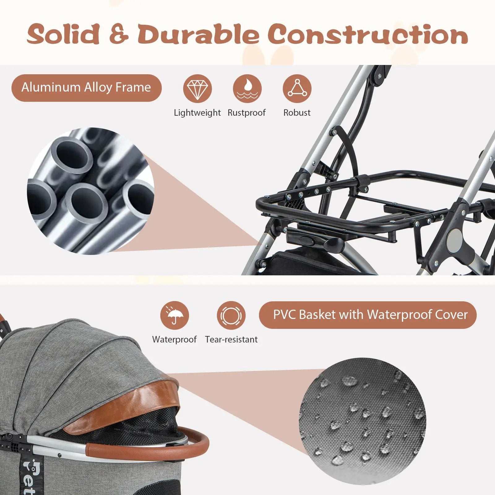 Foldable Dog Cat Stroller with Removable Waterproof Cover-Dark Gray by DirectDeals
