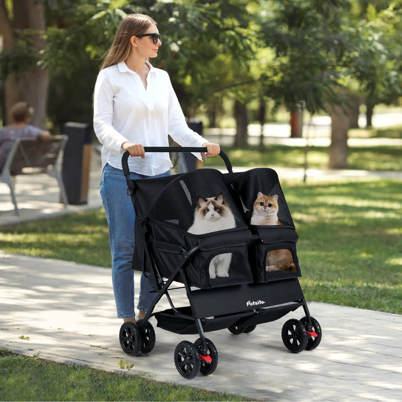 Foldable Double Pet Stroller with Adjustable Sunshade and Storage Basket by DirectDeals