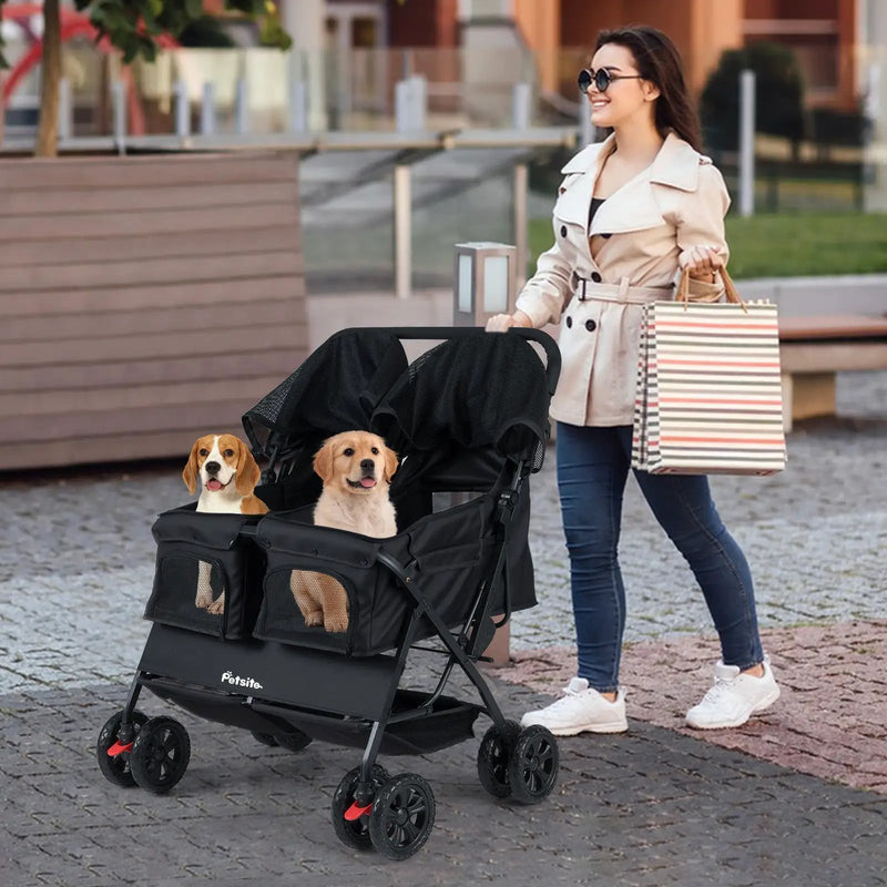 Foldable Double Pet Stroller with Adjustable Sunshade and Storage Basket by DirectDeals