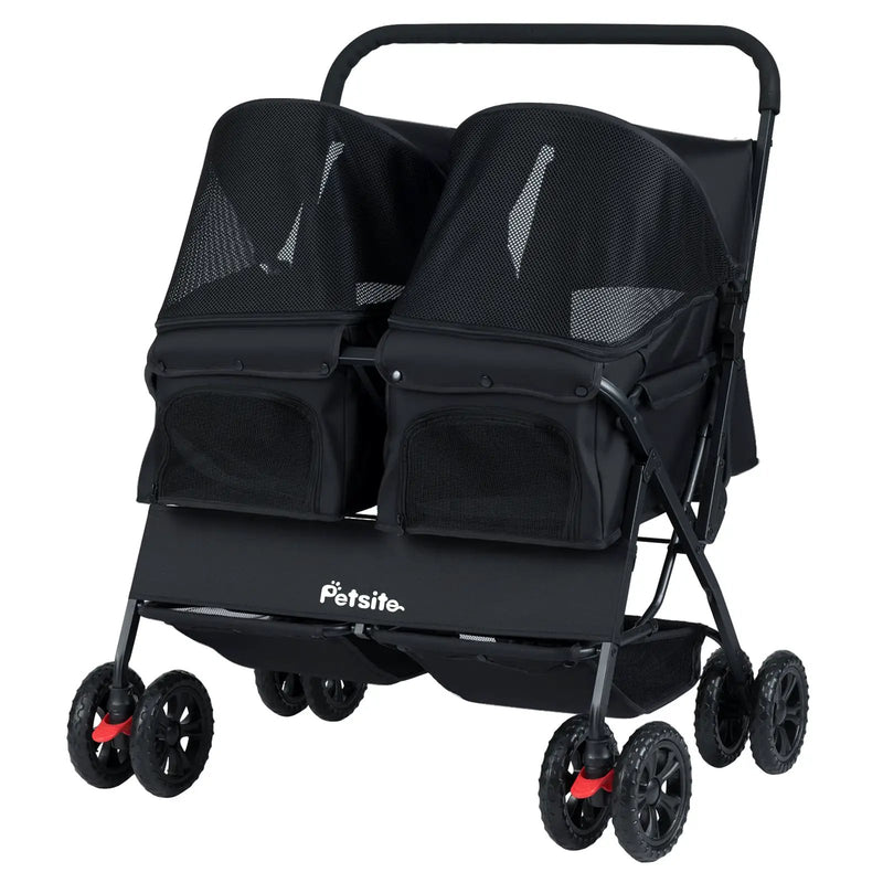Foldable Double Pet Stroller with Adjustable Sunshade and Storage Basket by DirectDeals