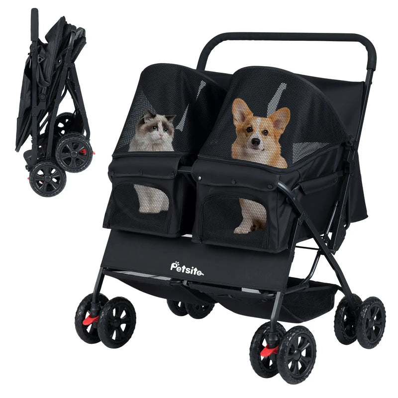 Foldable Double Pet Stroller with Adjustable Sunshade and Storage Basket by DirectDeals