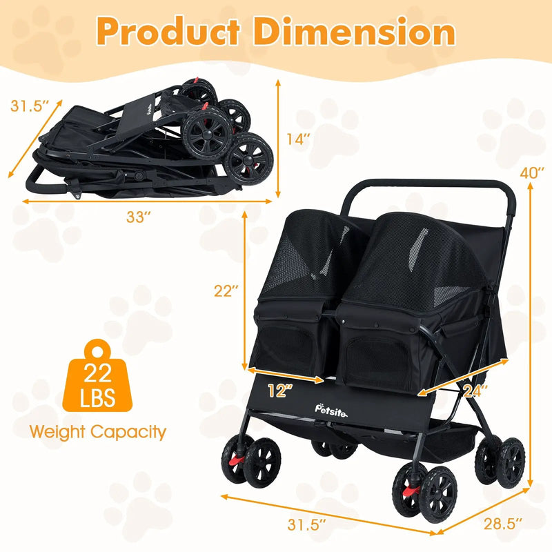 Foldable Double Pet Stroller with Adjustable Sunshade and Storage Basket by DirectDeals