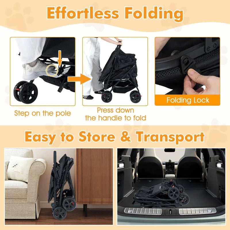 Foldable Double Pet Stroller with Adjustable Sunshade and Storage Basket by DirectDeals