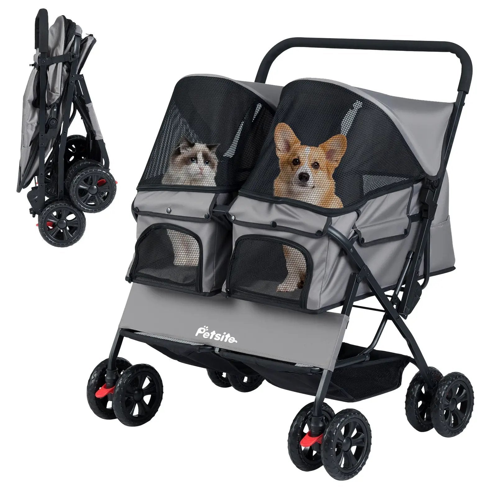 Foldable Double Pet Stroller with Adjustable Sunshade and Storage Basket by DirectDeals