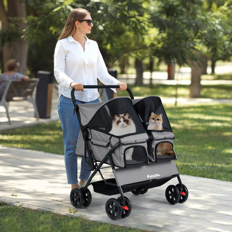 Foldable Double Pet Stroller with Adjustable Sunshade and Storage Basket by DirectDeals