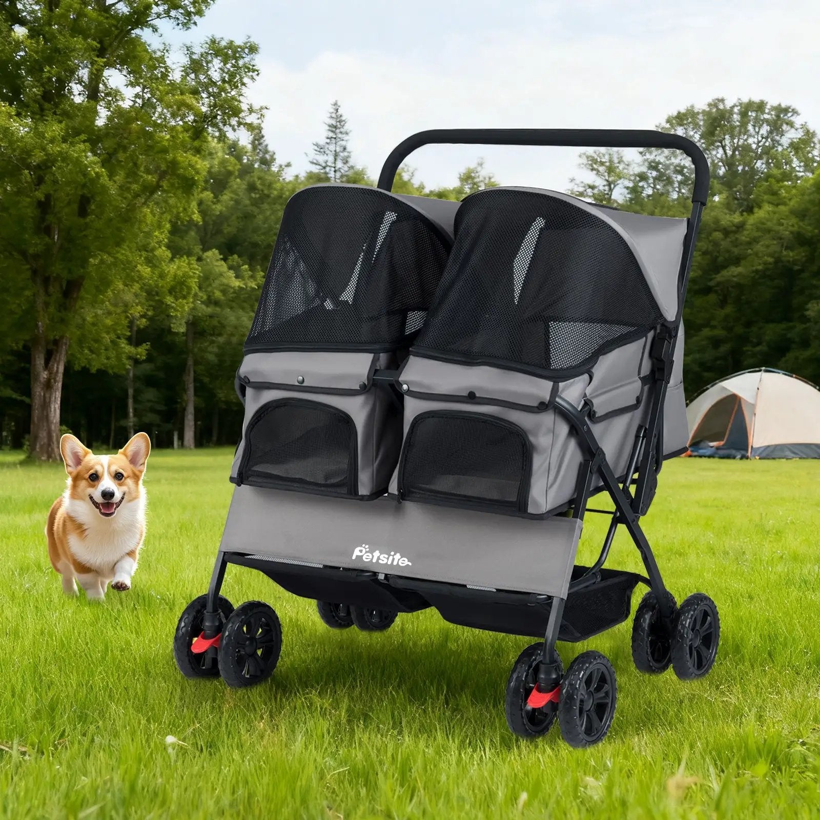 Foldable Double Pet Stroller with Adjustable Sunshade and Storage Basket by DirectDeals