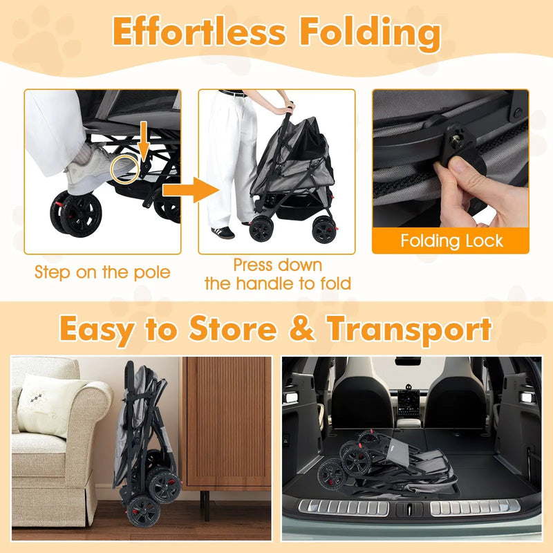 Foldable Double Pet Stroller with Adjustable Sunshade and Storage Basket by DirectDeals