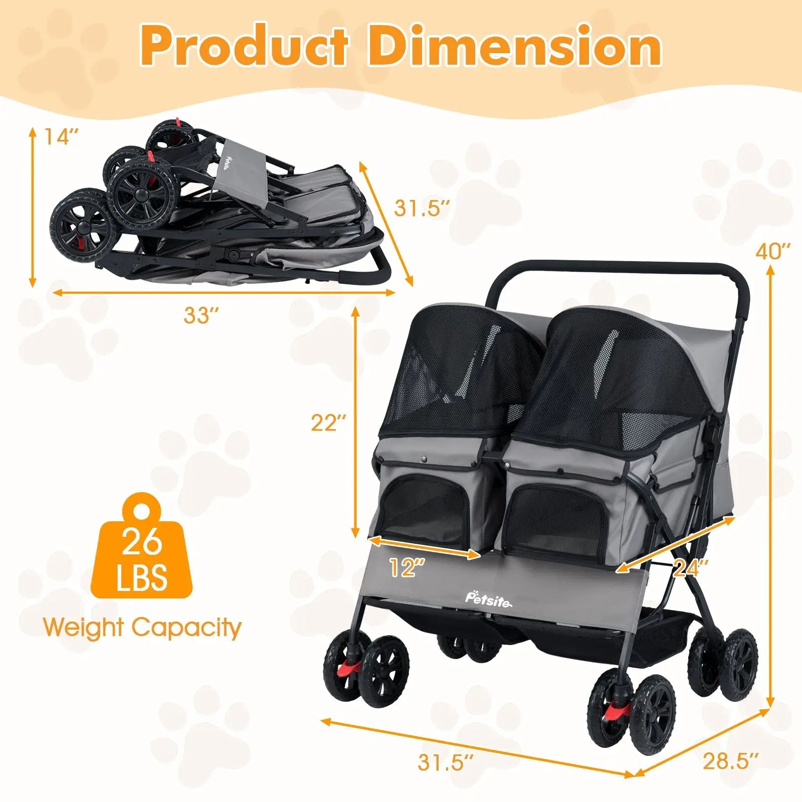 Foldable Double Pet Stroller with Adjustable Sunshade and Storage Basket by DirectDeals