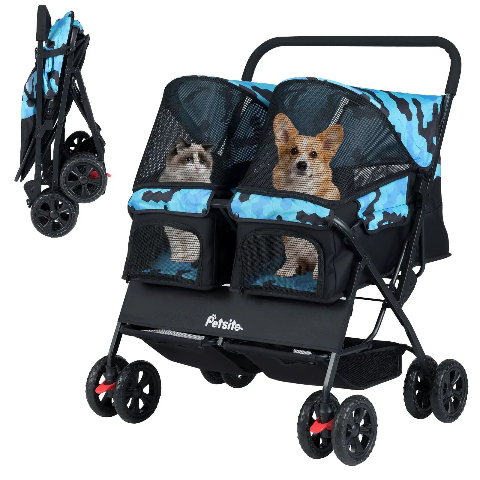 Foldable Double Pet Stroller with Adjustable Sunshade and Storage Basket by DirectDeals