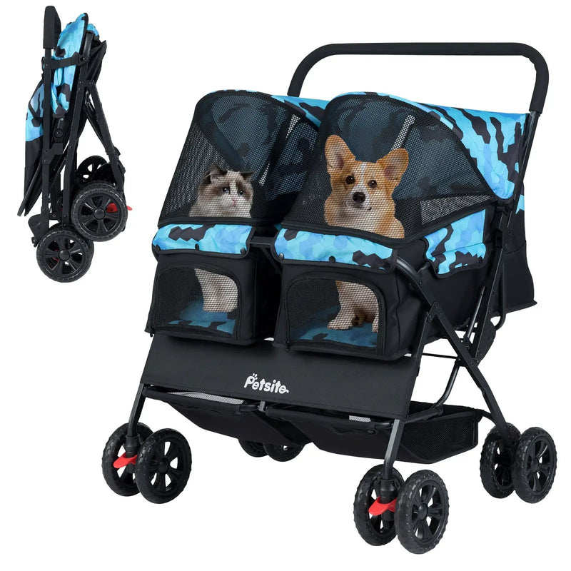 Foldable Double Pet Stroller with Adjustable Sunshade and Storage Basket by DirectDeals