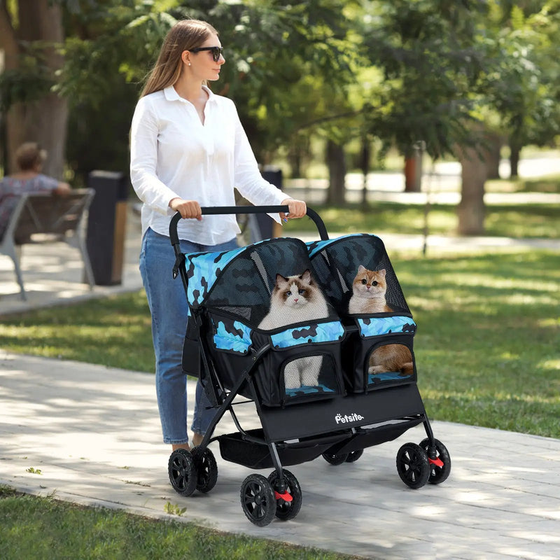 Foldable Double Pet Stroller with Adjustable Sunshade and Storage Basket by DirectDeals