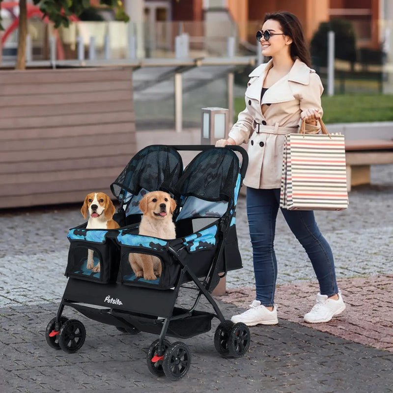 Foldable Double Pet Stroller with Adjustable Sunshade and Storage Basket by DirectDeals