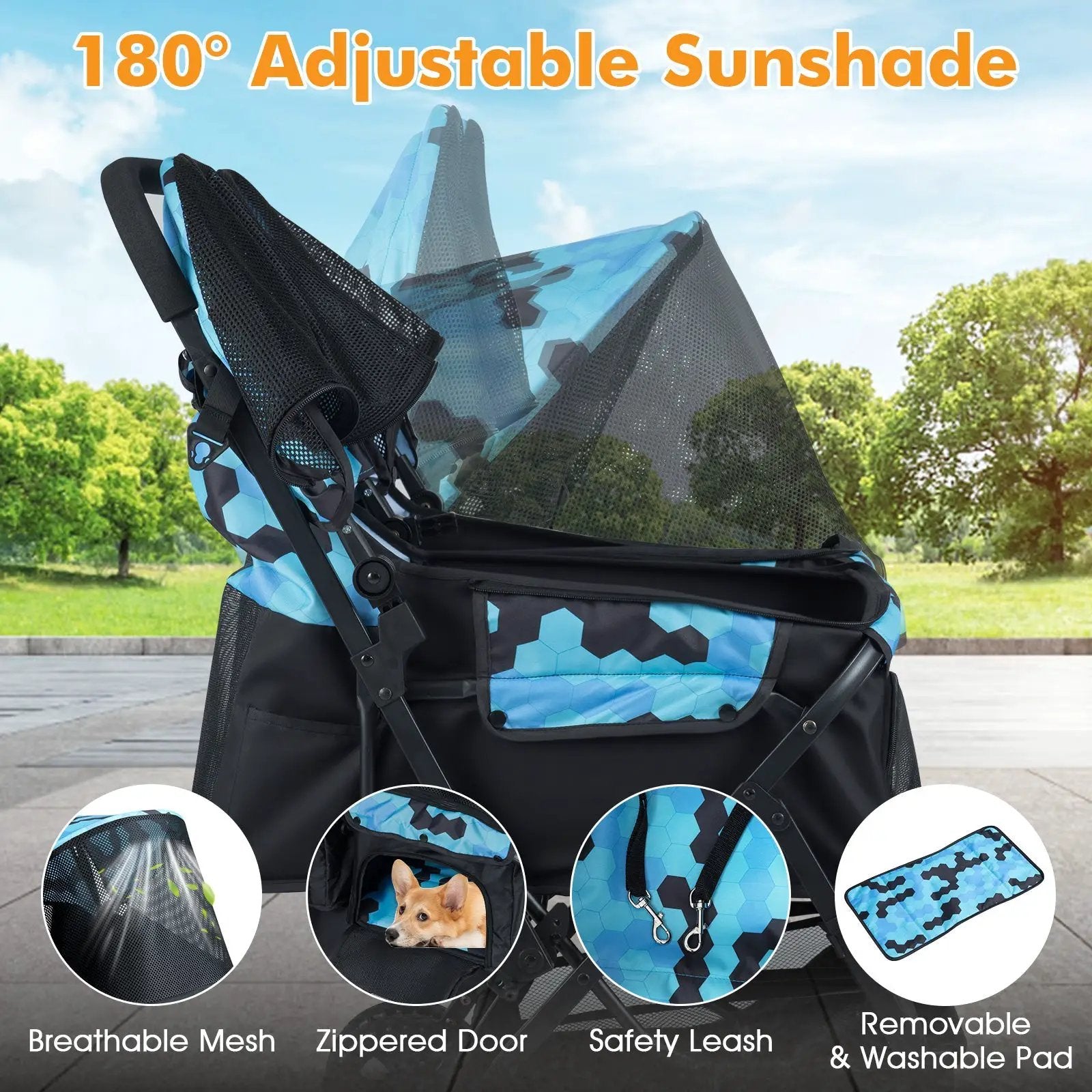 Foldable Double Pet Stroller with Adjustable Sunshade and Storage Basket by DirectDeals