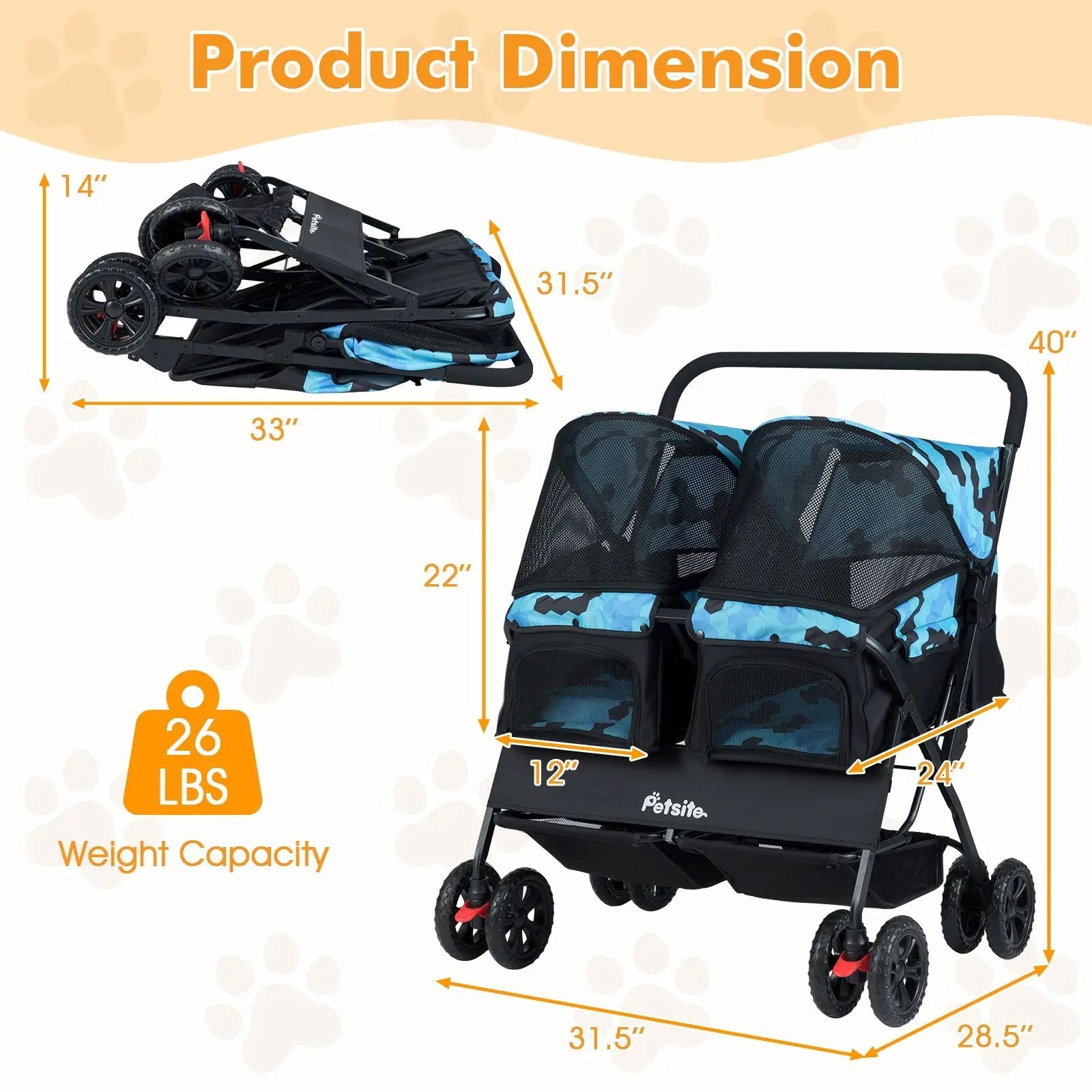 Foldable Double Pet Stroller with Adjustable Sunshade and Storage Basket by DirectDeals