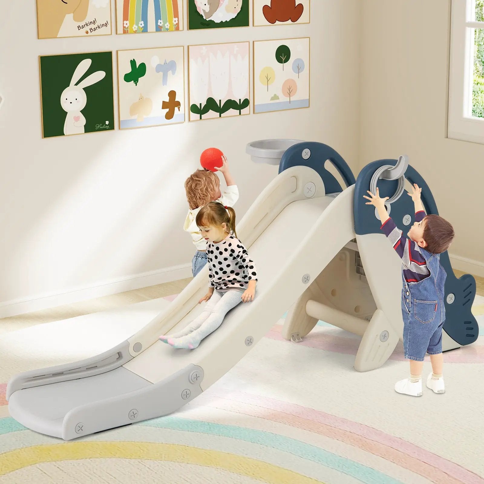 Foldable Freestanding Baby Slide Climber Playset with Basketball Hoop for Kids-Blue by DirectDeals
