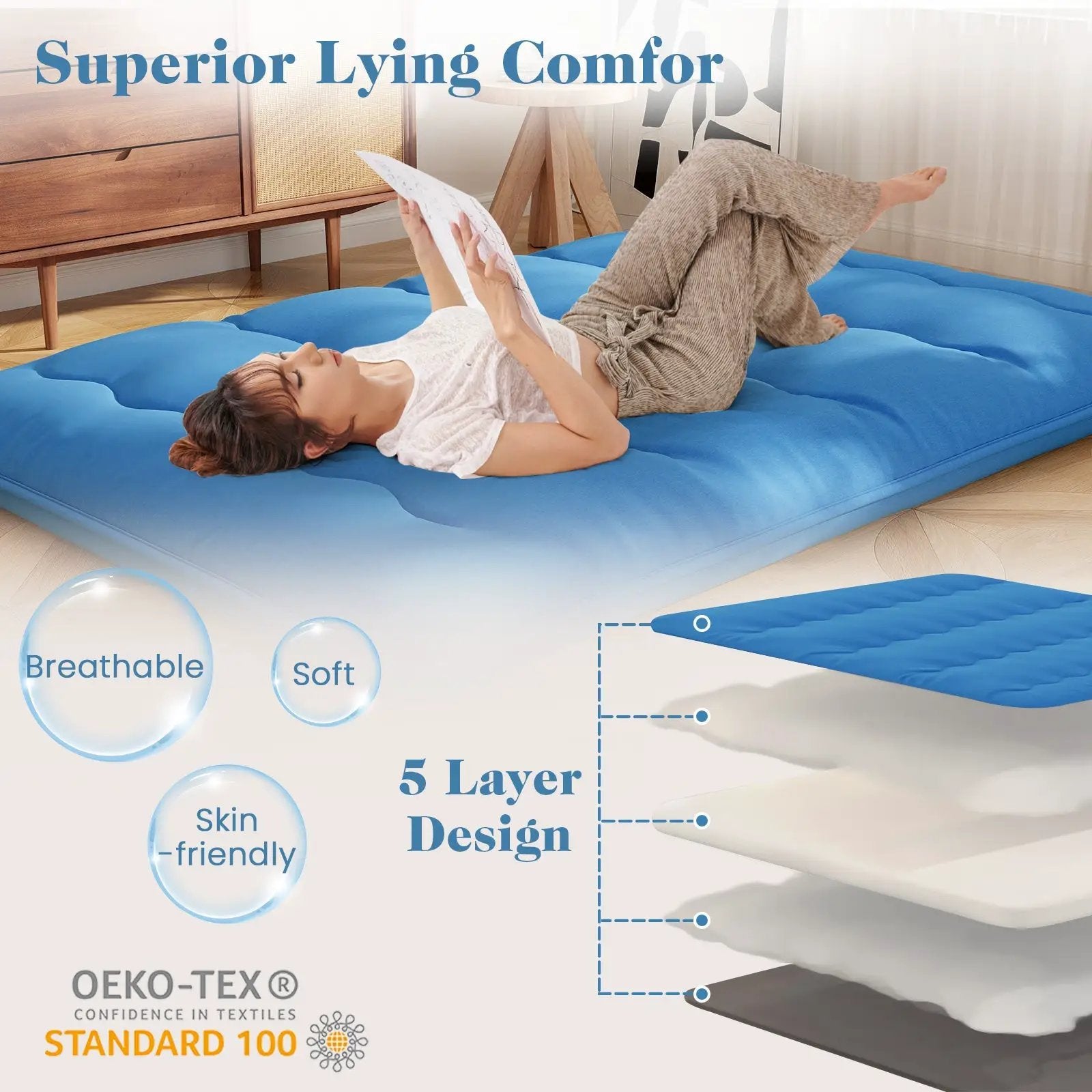 Foldable Futon Mattress with Washable Cover and Carry Bag for Camping Blue by DirectDeals