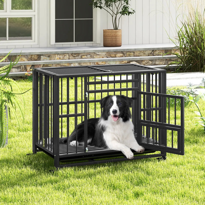 Foldable Heavy-Duty Metal Dog Cage Chew-proof Dog Crate with Lockable Universal Wheels by DirectDeals