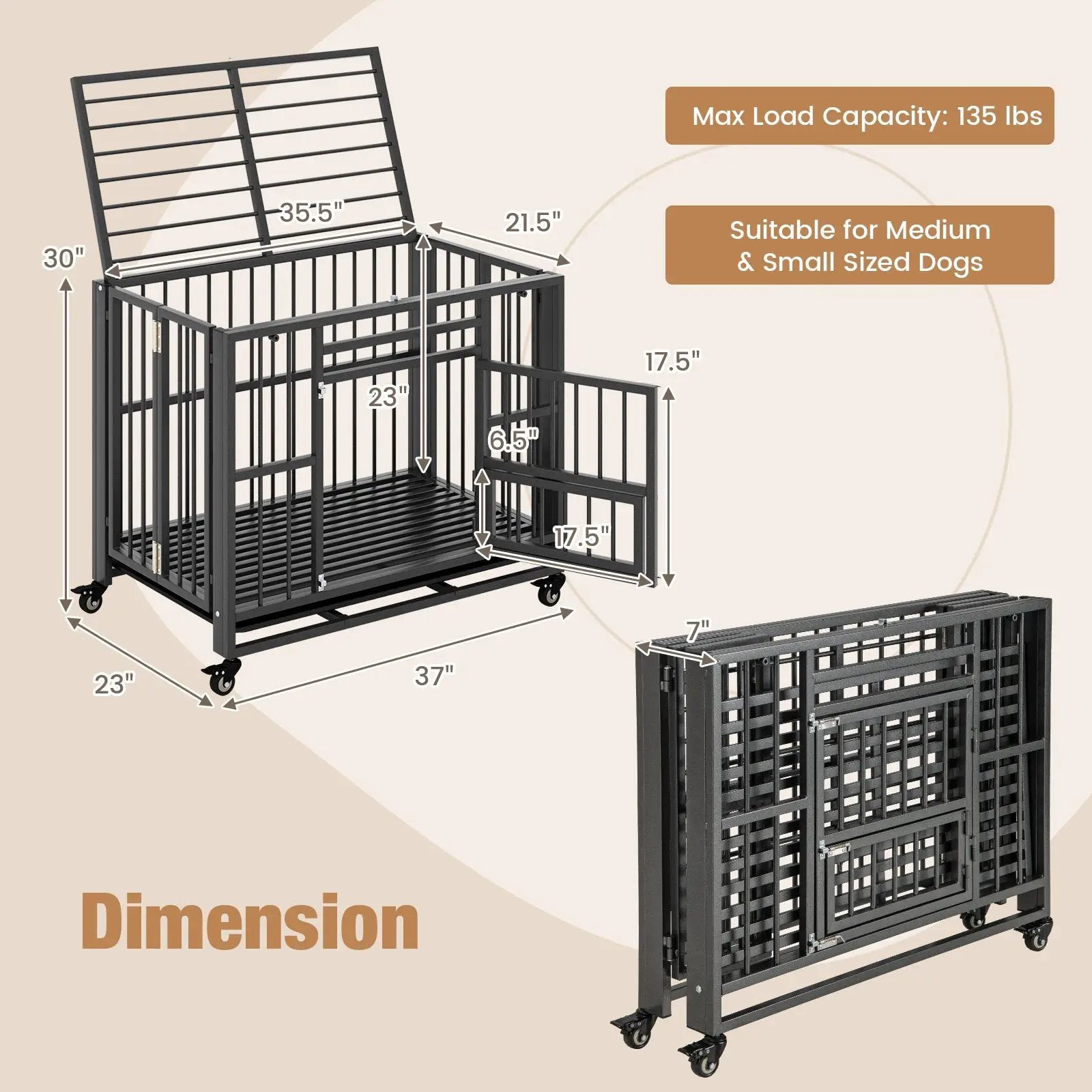 Foldable Heavy-Duty Metal Dog Cage Chew-proof Dog Crate with Lockable Universal Wheels by DirectDeals