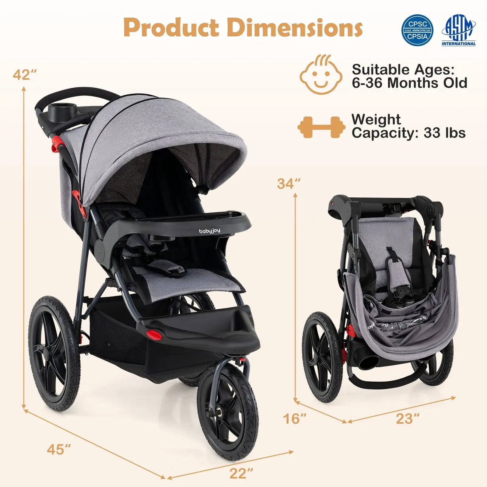 Foldable Jogging Stroller with Detachable Tray and Air-Filled Rubber Tires by DirectDeals
