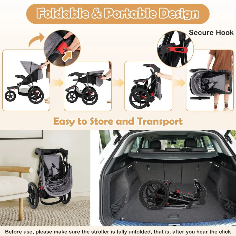 Foldable Jogging Stroller with Detachable Tray and Air-Filled Rubber Tires by DirectDeals