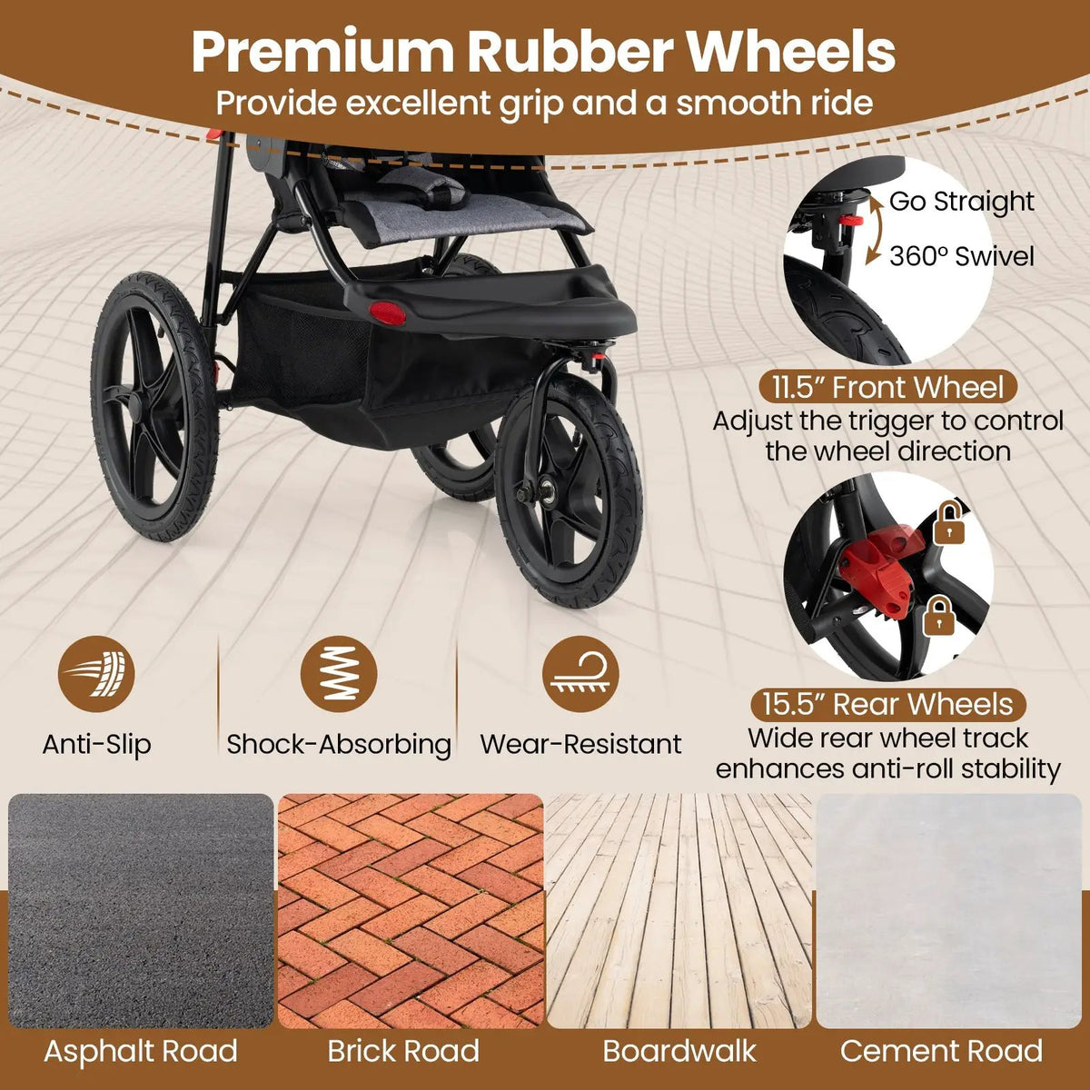 Foldable Jogging Stroller with Detachable Tray and Air-Filled Rubber Tires by DirectDeals