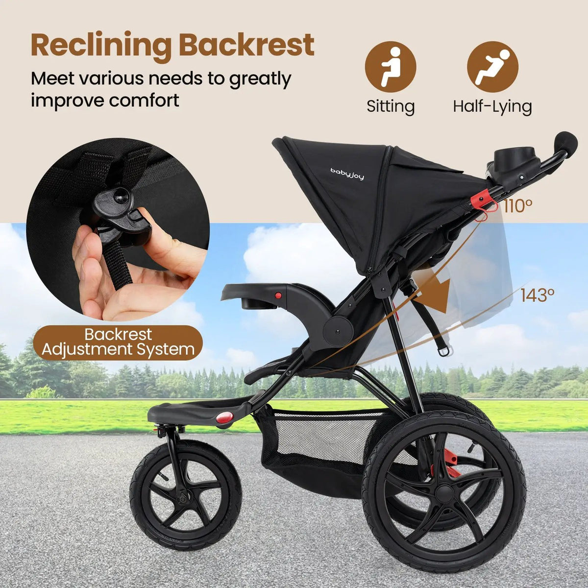 Foldable Jogging Stroller with Detachable Tray and Air-Filled Rubber Tires by DirectDeals
