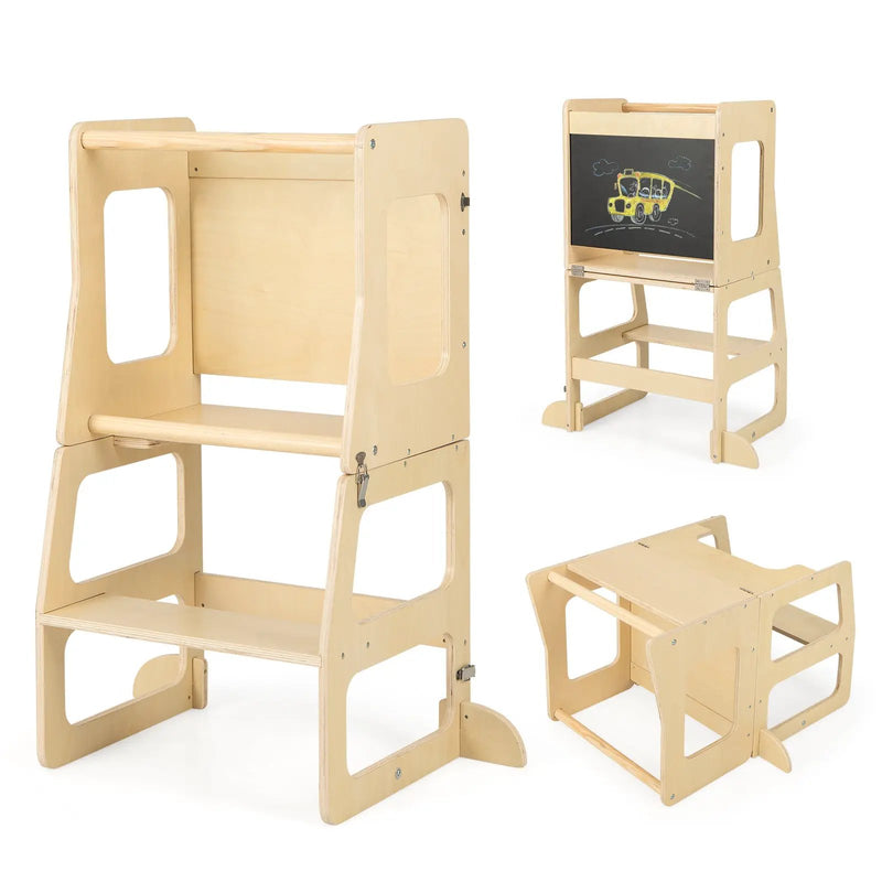 3-in-1 Foldable Kitchen Standing Tower for Toddlers with Chalkboard-Natural by DirectDeals