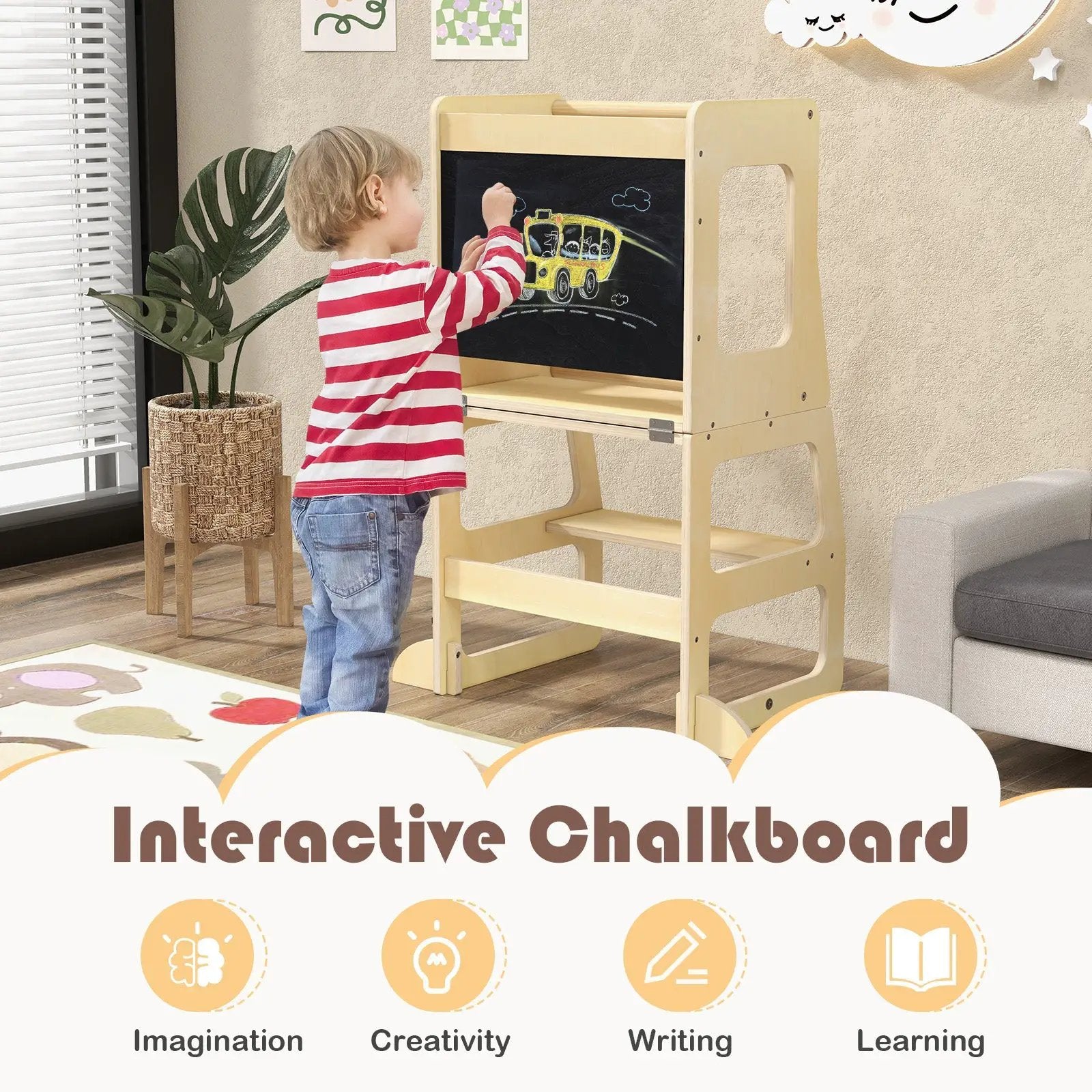 3-in-1 Foldable Kitchen Standing Tower for Toddlers with Chalkboard-Natural by DirectDeals