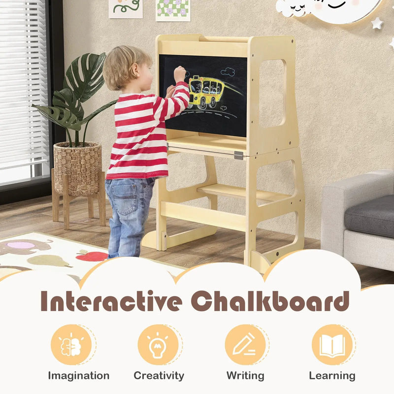 3-in-1 Foldable Kitchen Standing Tower for Toddlers with Chalkboard-Natural by DirectDeals